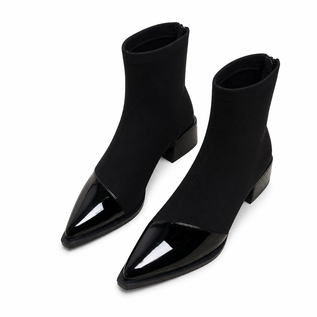 🔥Populair product ！✨Elegante Stretch-Suède Enkellaarzen met Puntneus en Blokhak
