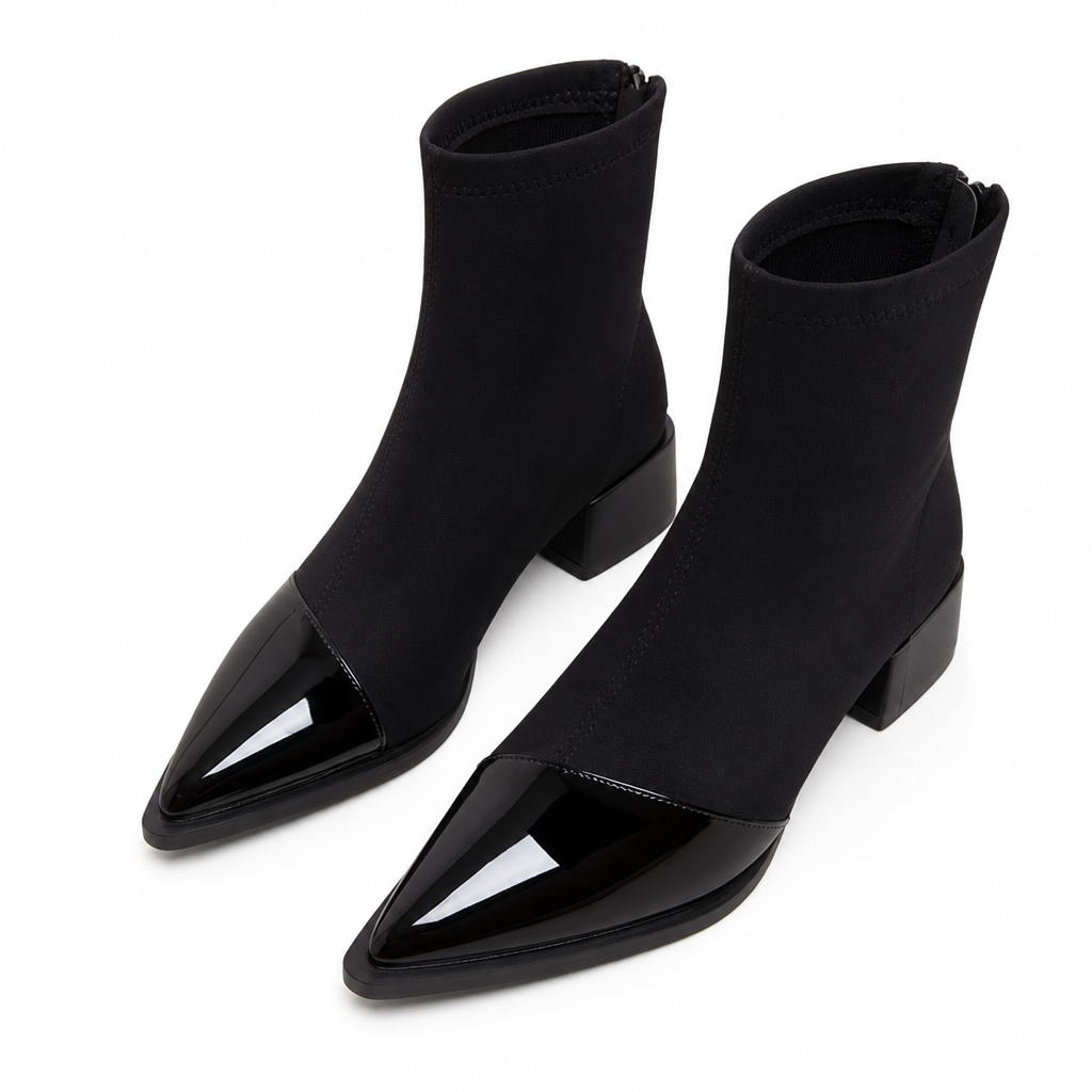 🔥Populair product ！✨Elegante Stretch-Suède Enkellaarzen met Puntneus en Blokhak