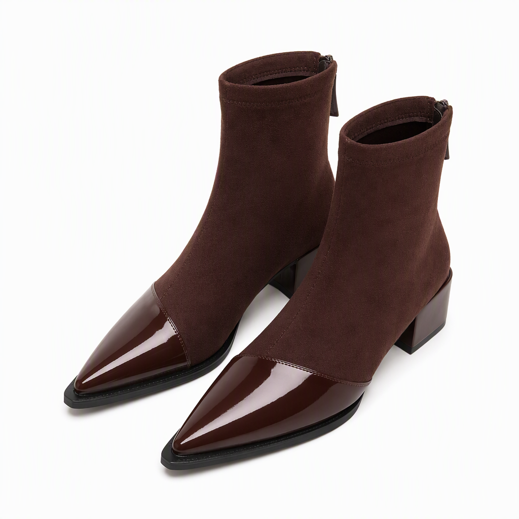 🔥Populair product ！✨Elegante Stretch-Suède Enkellaarzen met Puntneus en Blokhak