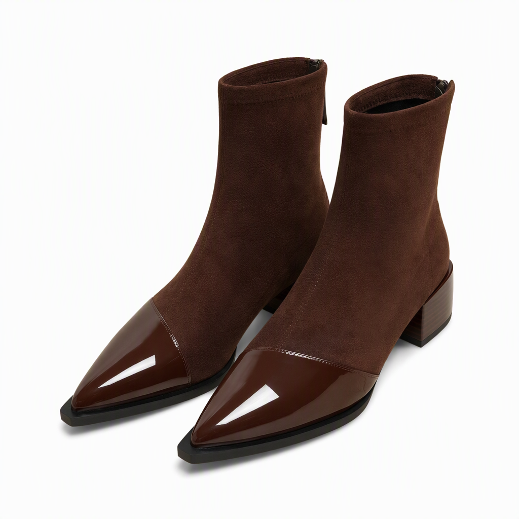 🔥Populair product ！✨Elegante Stretch-Suède Enkellaarzen met Puntneus en Blokhak