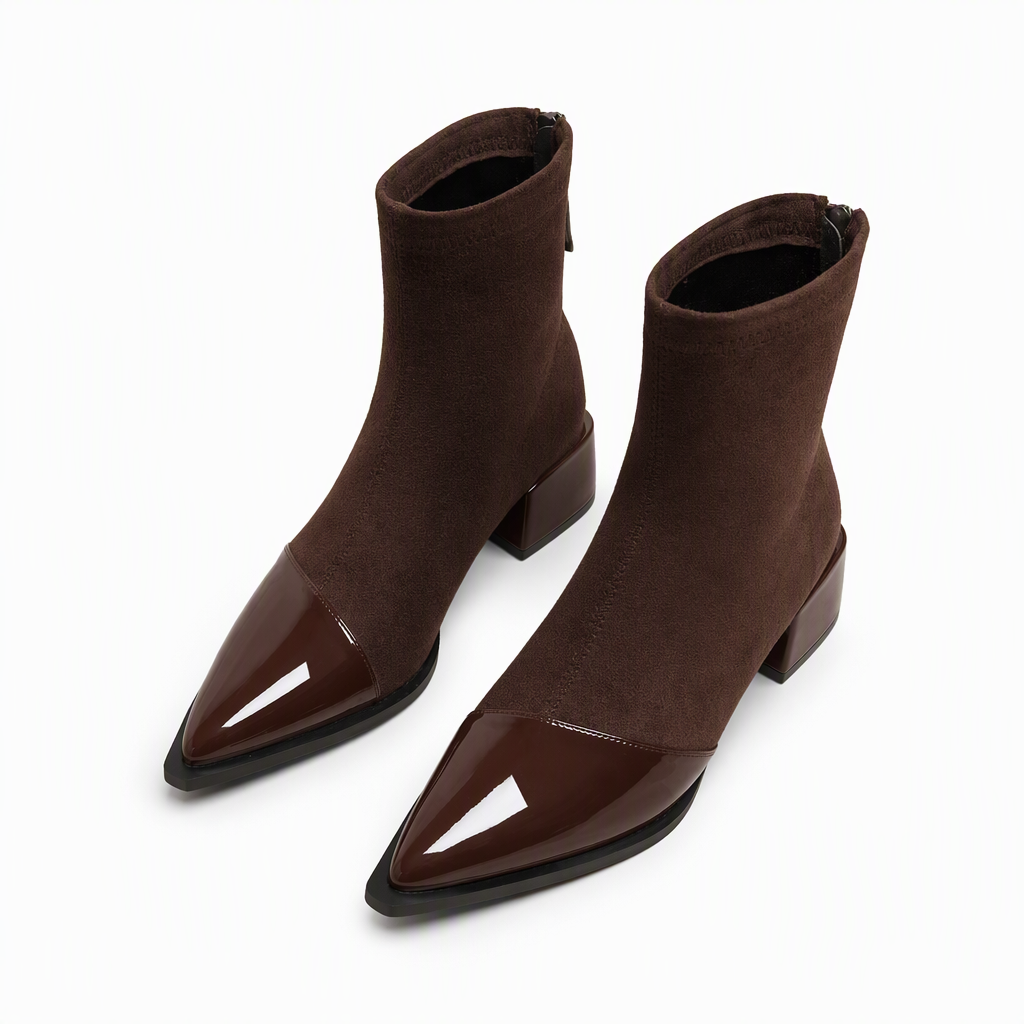 🔥Populair product ！✨Elegante Stretch-Suède Enkellaarzen met Puntneus en Blokhak