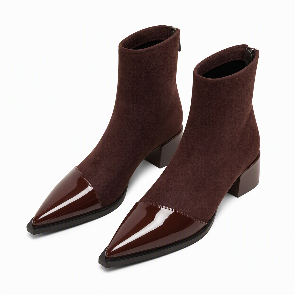 🔥Populair product ！✨Elegante Stretch-Suède Enkellaarzen met Puntneus en Blokhak