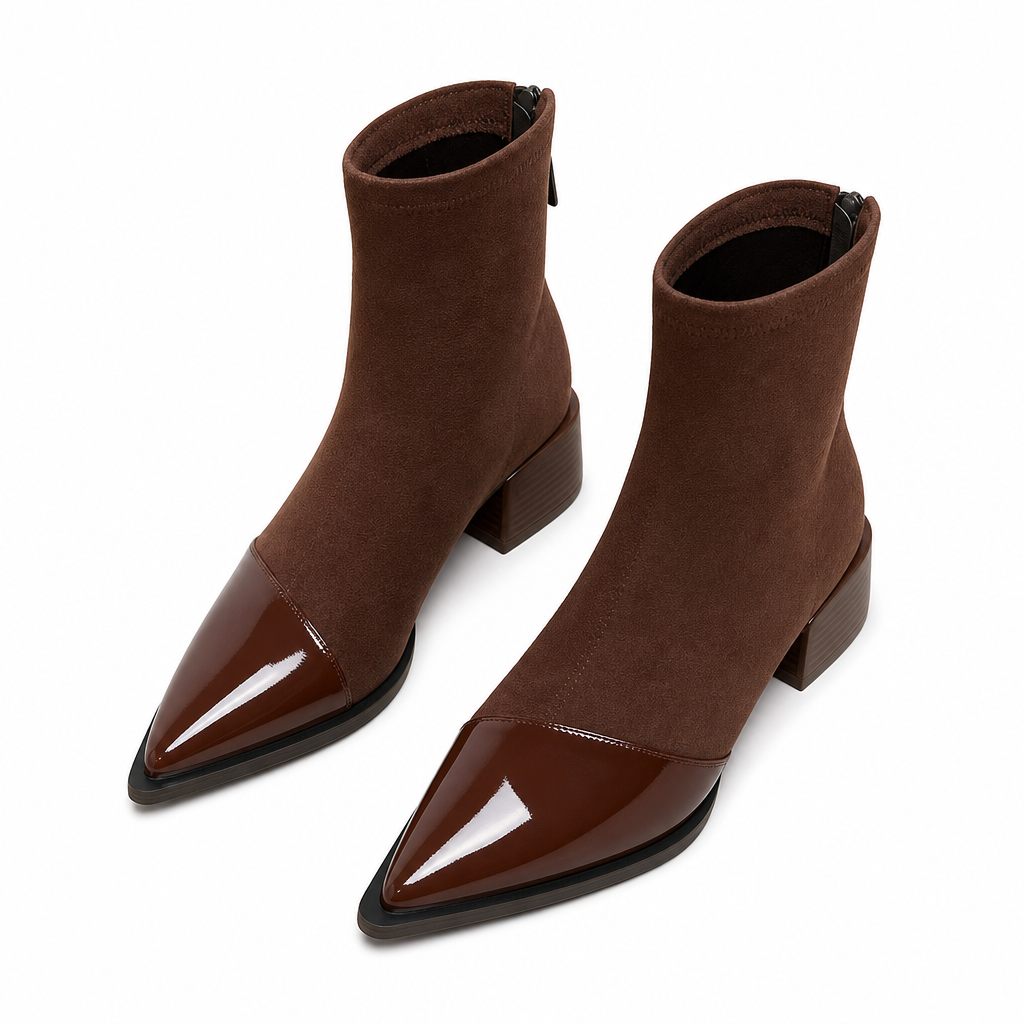🔥Populair product ！✨Elegante Stretch-Suède Enkellaarzen met Puntneus en Blokhak