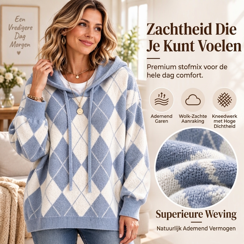 ✨ Casuele Dames Hoodie 🧶 met Ruitpatroon, Zacht & Trendy, Perfect voor Dagelijks ✨