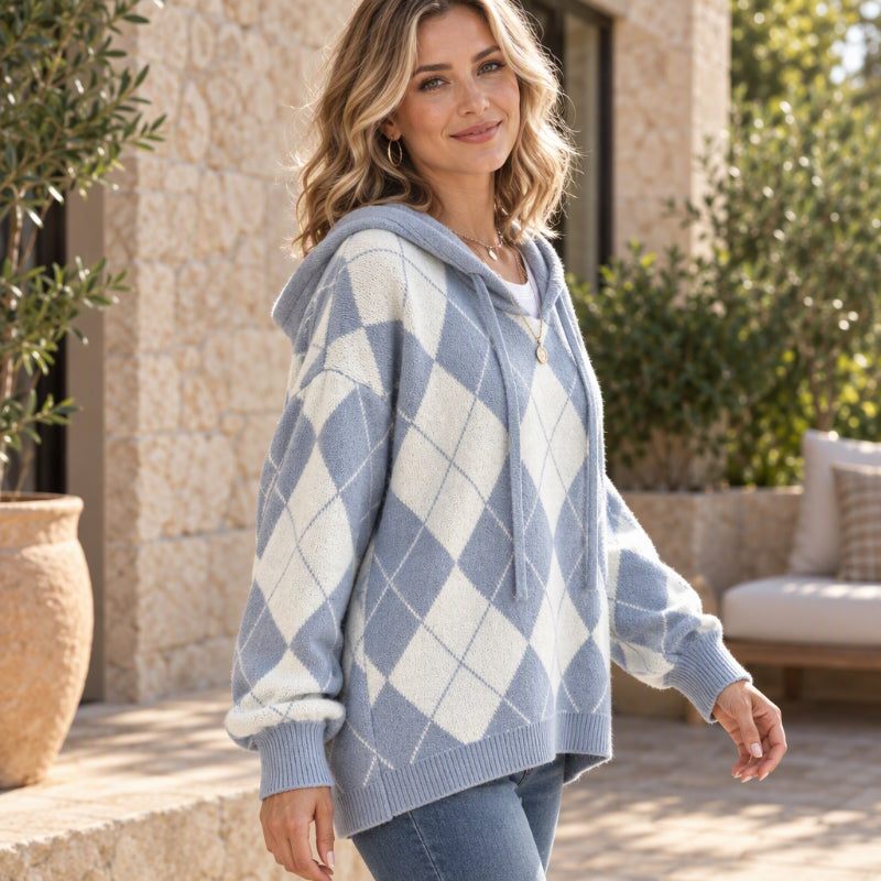 ✨ Casuele Dames Hoodie 🧶 met Ruitpatroon, Zacht & Trendy, Perfect voor Dagelijks ✨