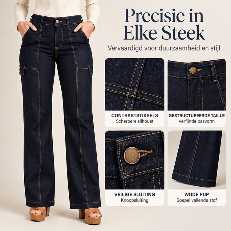 ✈️Gratis verzending✨ Damesjeans met hoge taille 👖 met contrasterende naden en wijde pijpen, trendy en flatterend bij elke stijl ✨