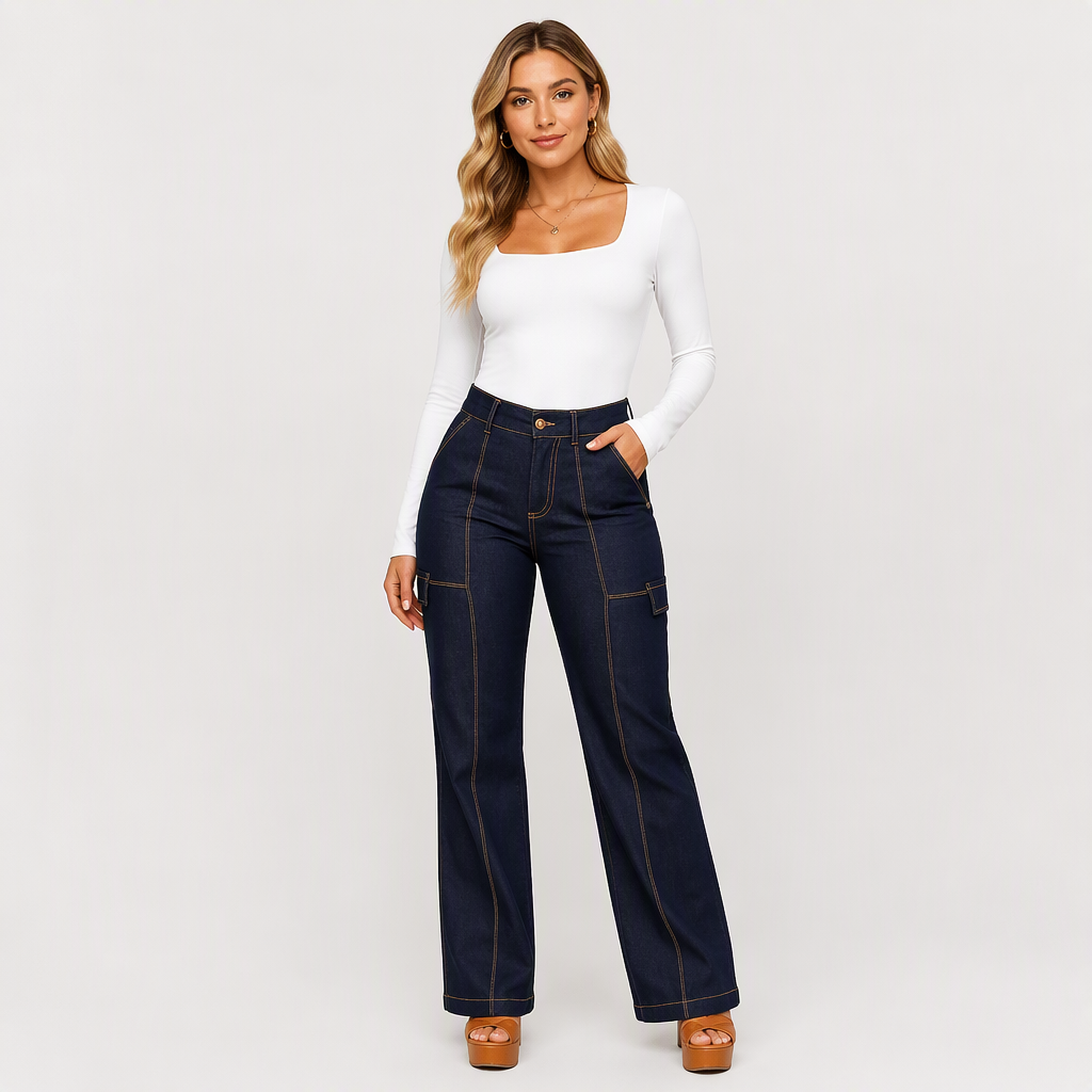 ✈️Gratis verzending✨ Damesjeans met hoge taille 👖 met contrasterende naden en wijde pijpen, trendy en flatterend bij elke stijl ✨