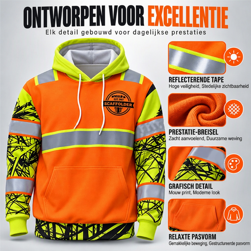 💎 Exclusieve Deal — Heren High Visibility Reflecterend Hooded Sweatshirt, goed zichtbaar, comfortabel en veilig voor werk en buitenactiviteiten