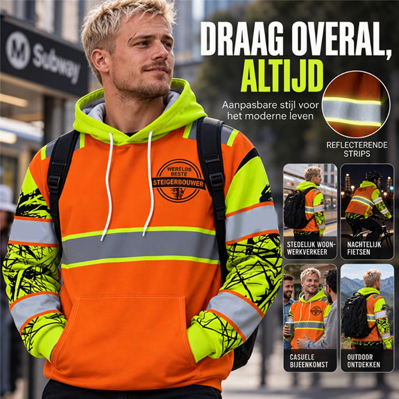 💎 Exclusieve Deal — Heren High Visibility Reflecterend Hooded Sweatshirt, goed zichtbaar, comfortabel en veilig voor werk en buitenactiviteiten