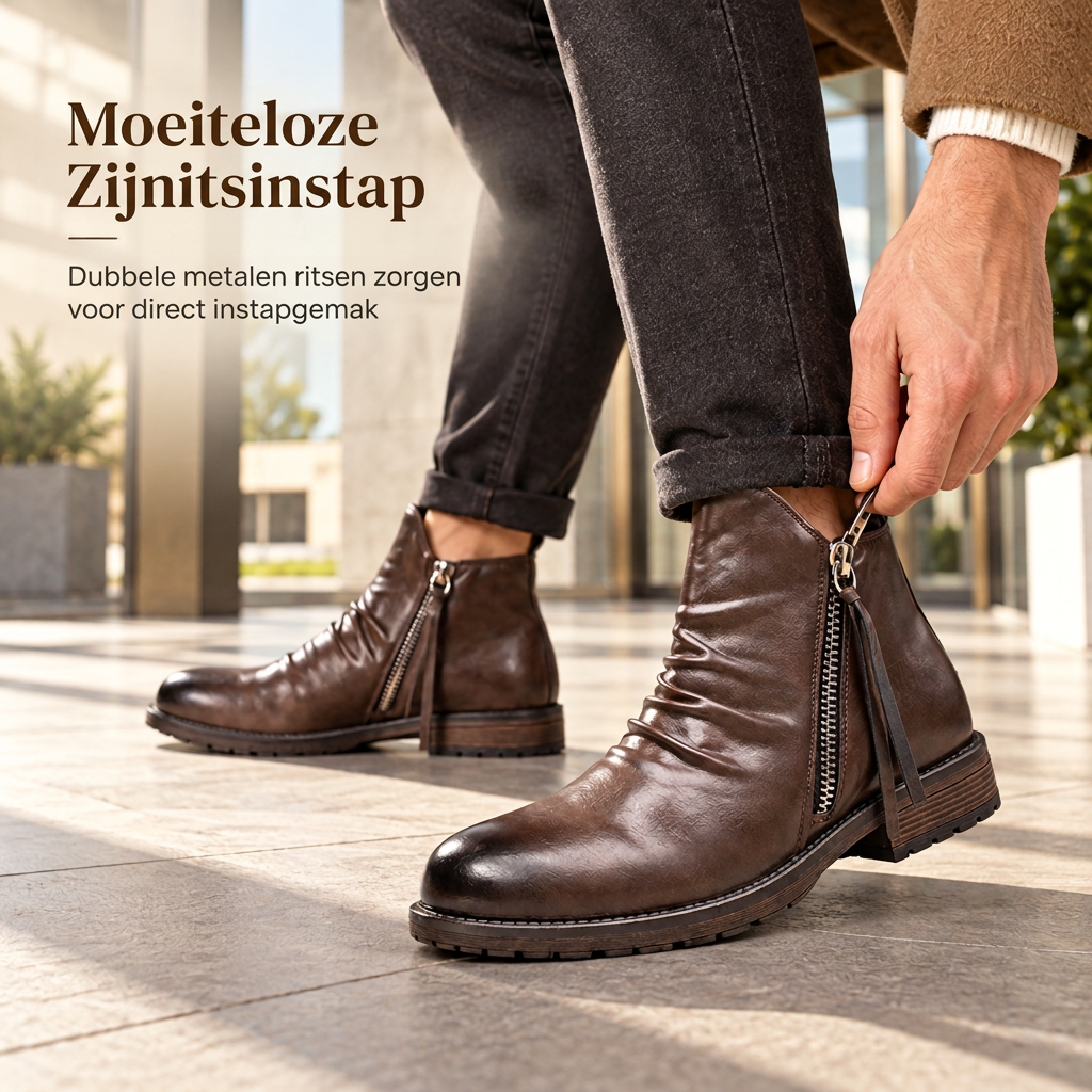 🔥Populair product ！✨Vintage geplooid heren Chelsea-laarzen, casual ronde neus rits western cowboylaarzen