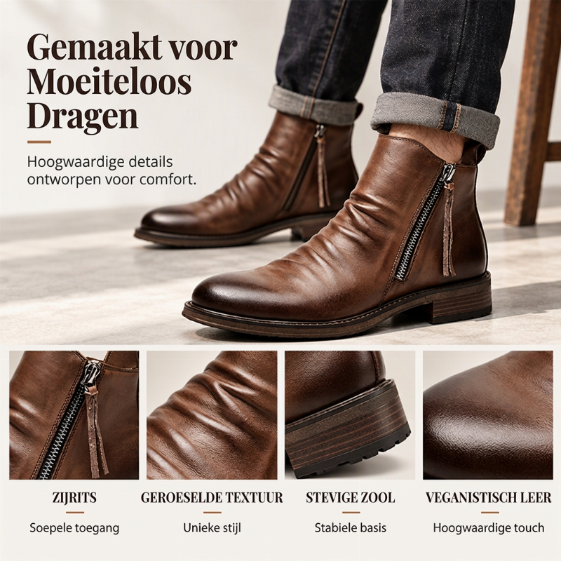 🔥Populair product ！✨Vintage geplooid heren Chelsea-laarzen, casual ronde neus rits western cowboylaarzen