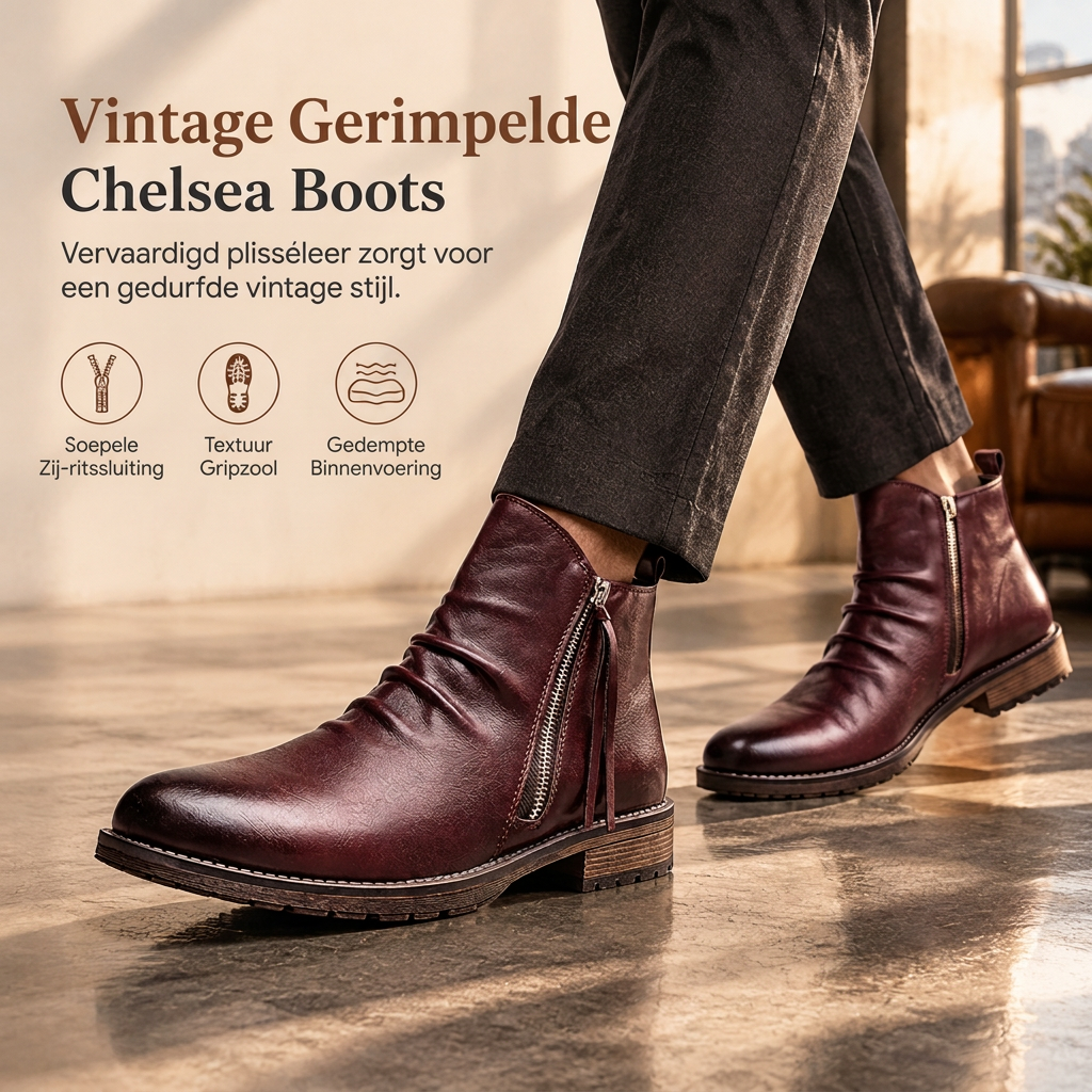 🔥Populair product ！✨Vintage geplooid heren Chelsea-laarzen, casual ronde neus rits western cowboylaarzen