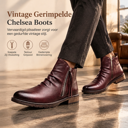 🔥Populair product ！✨Vintage geplooid heren Chelsea-laarzen, casual ronde neus rits western cowboylaarzen