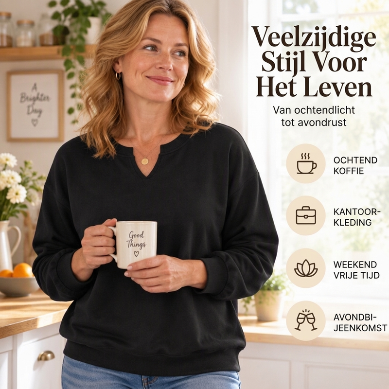 ✨🚀Bespaar nu tijd & geld!😍🤍Casual Sweatshirt voor Dames met Gesplitste V-hals, Losse Pasvorm🍂