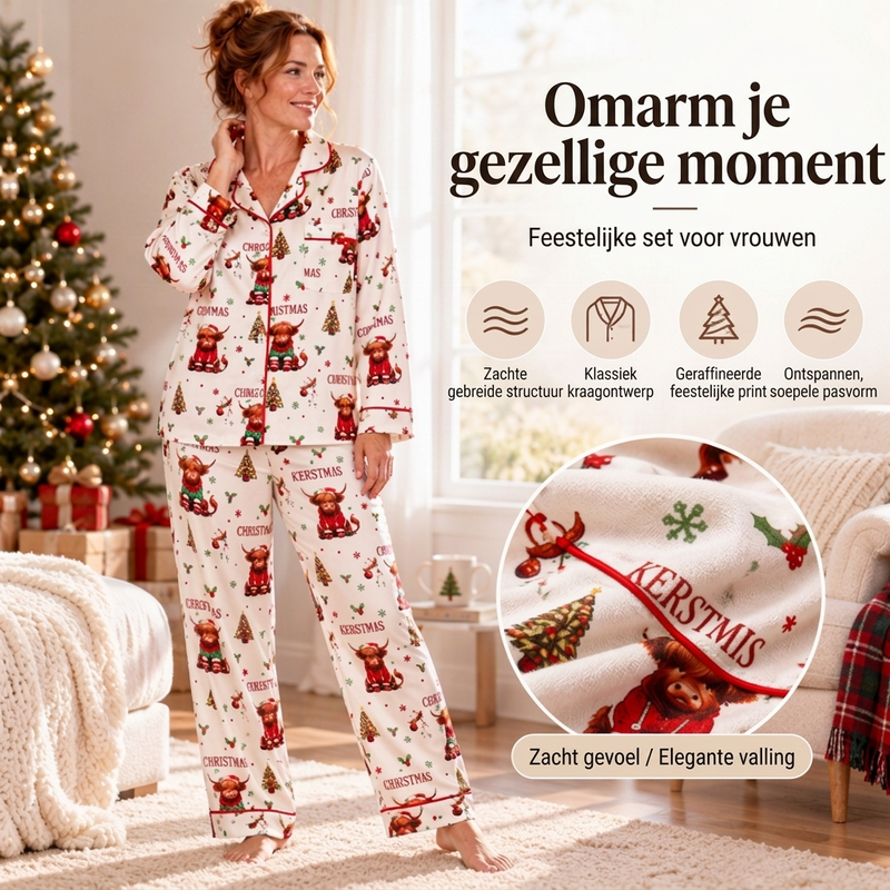 💋Geniet van een 30-daags probleemloos retourbeleid!✅️Dames kerstpyjamasset met lange mouwen en een boothals