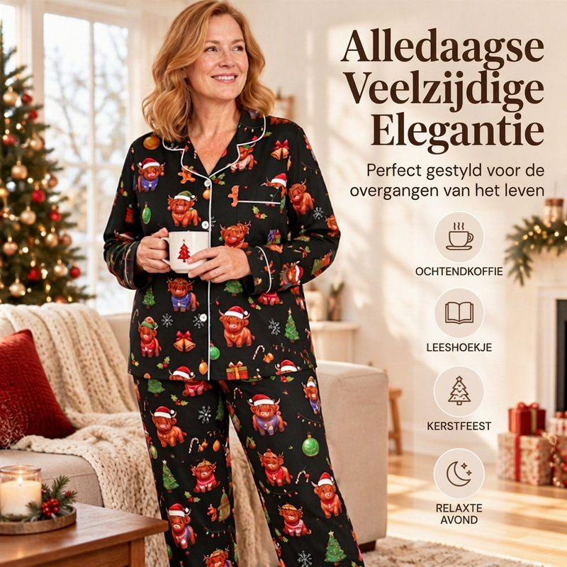 💋Geniet van een 30-daags probleemloos retourbeleid!✅️Dames kerstpyjamasset met lange mouwen en een boothals
