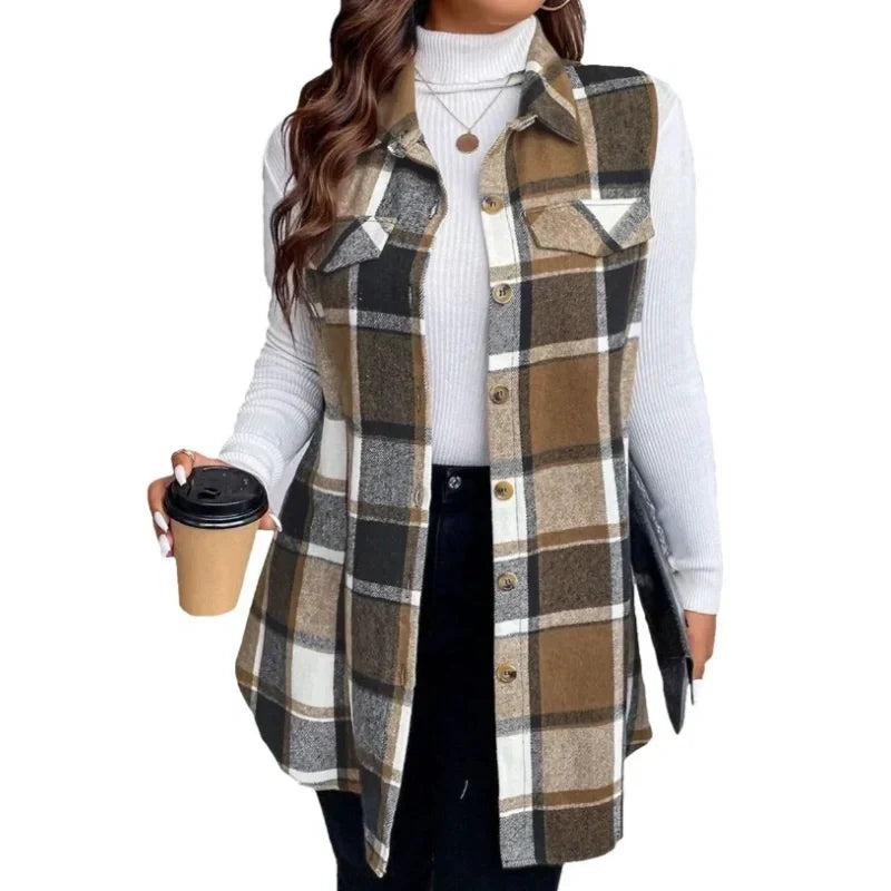 💥50 % korting! Alleen vandaag!💥 Damesvest met ruitpatroon, knoopsluiting en zakken
