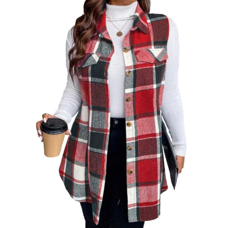 💥50 % korting! Alleen vandaag!💥 Damesvest met ruitpatroon, knoopsluiting en zakken