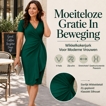 🤩 Haal het vandaag nog voordat het uitverkocht is!👇🎁Elegante damesjurk met V-hals, ruches en wikkelontwerp