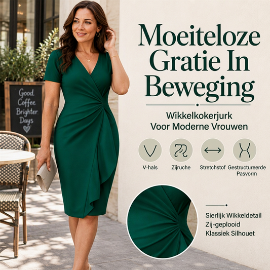 🤩 Haal het vandaag nog voordat het uitverkocht is!👇🎁Elegante damesjurk met V-hals, ruches en wikkelontwerp