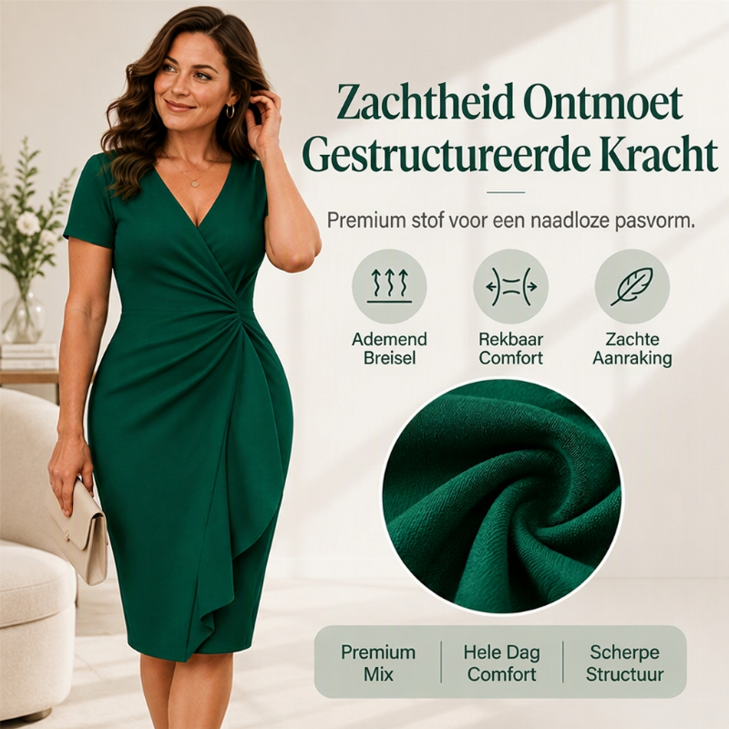 🤩 Haal het vandaag nog voordat het uitverkocht is!👇🎁Elegante damesjurk met V-hals, ruches en wikkelontwerp