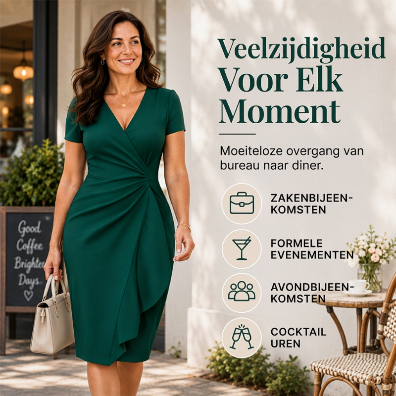 🤩 Haal het vandaag nog voordat het uitverkocht is!👇🎁Elegante damesjurk met V-hals, ruches en wikkelontwerp