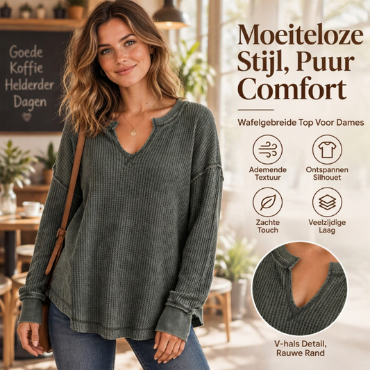 🔥Populair product ！✨Dames Wafelbreisel Lange Mouwen V-Hals Top