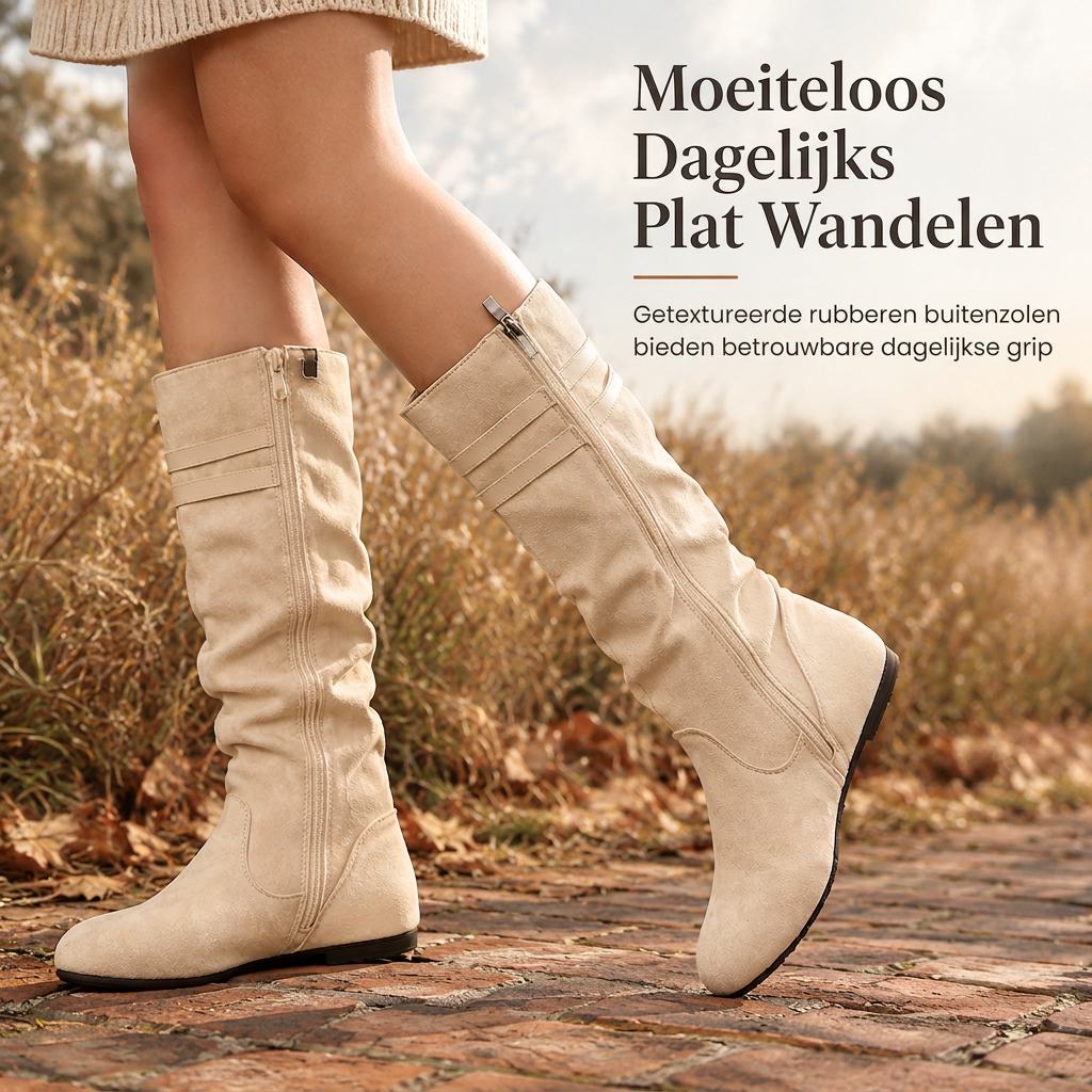 🔥Populair product ！✨Dames Retro Suède Slouchy Kniehoge Laarzen Comfortabele Platte Dubbele Gesp Hoge Laarzen