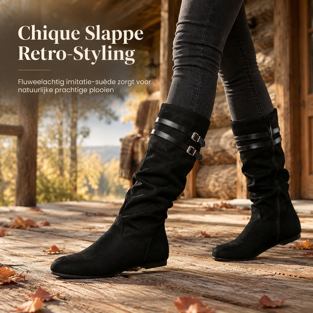 🔥Populair product ！✨Dames Retro Suède Slouchy Kniehoge Laarzen Comfortabele Platte Dubbele Gesp Hoge Laarzen