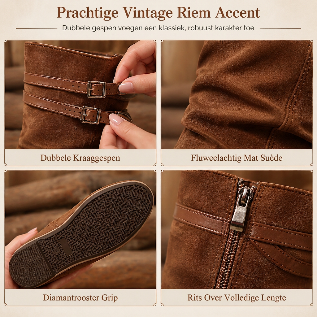 🔥Populair product ！✨Dames Retro Suède Slouchy Kniehoge Laarzen Comfortabele Platte Dubbele Gesp Hoge Laarzen
