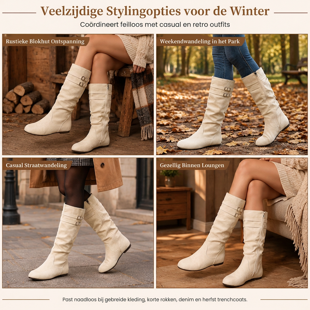 🔥Populair product ！✨Dames Retro Suède Slouchy Kniehoge Laarzen Comfortabele Platte Dubbele Gesp Hoge Laarzen