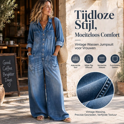✨Beperkte voorraad beschikbaar, mis het niet!🔥🔥Vintage Denimen Jumpsuit met Kraag voor Dames