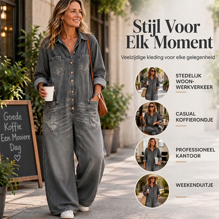 ✨Beperkte voorraad beschikbaar, mis het niet!🔥🔥Vintage Denimen Jumpsuit met Kraag voor Dames
