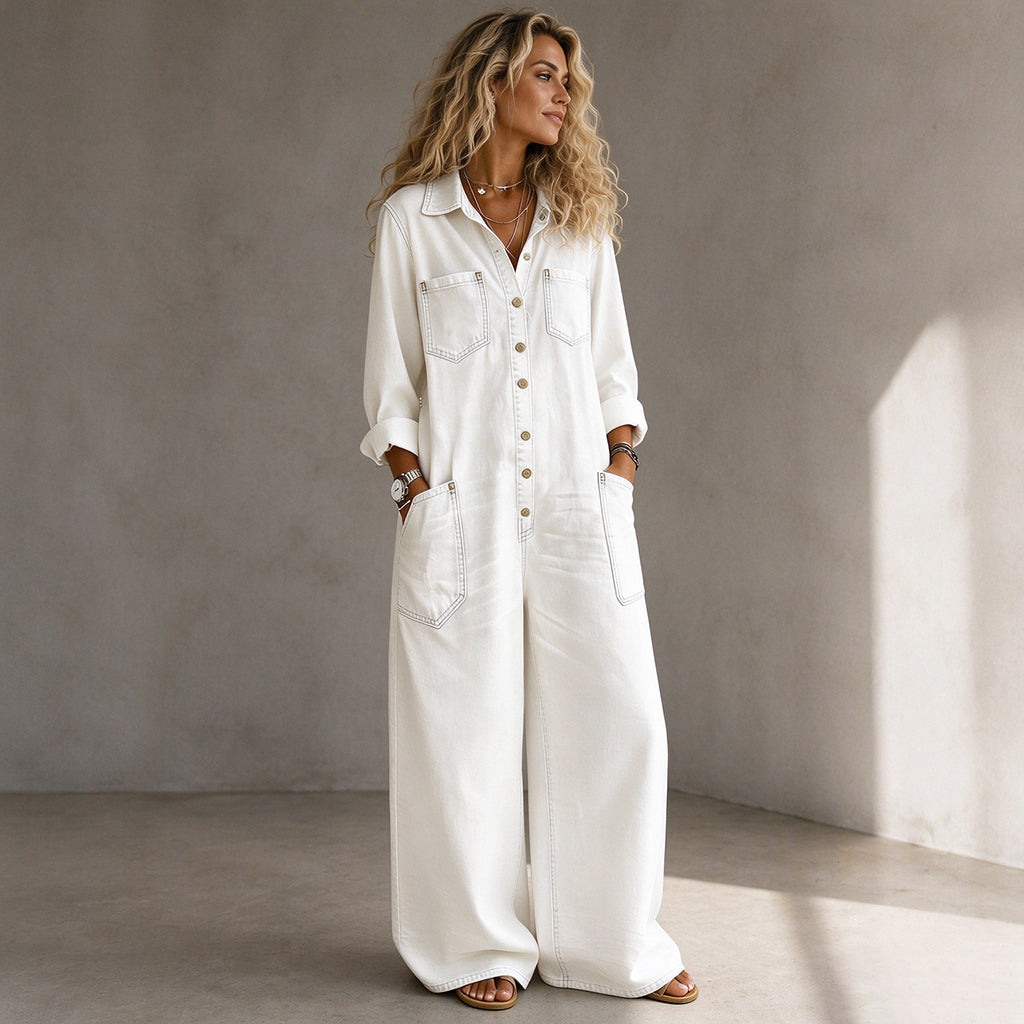 ✨Beperkte voorraad beschikbaar, mis het niet!🔥🔥Vintage Denimen Jumpsuit met Kraag voor Dames