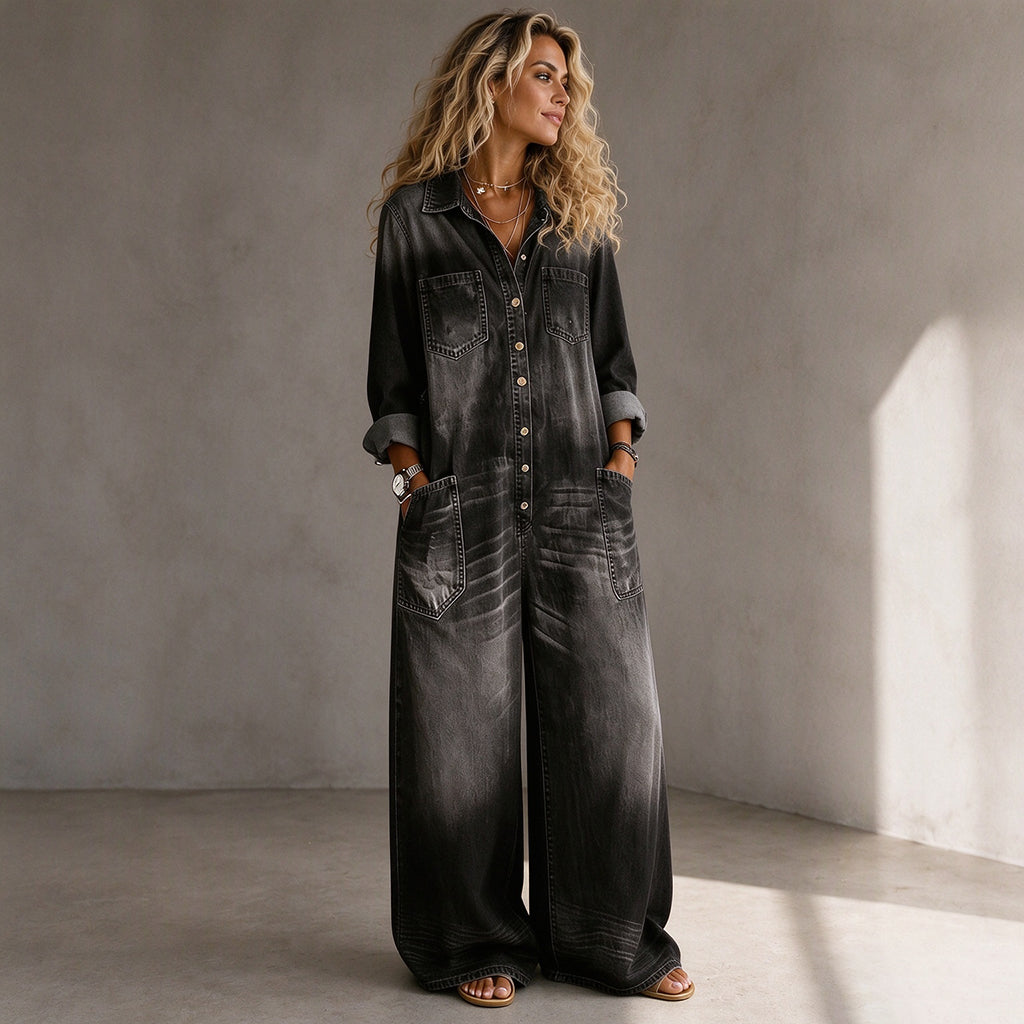 ✨Beperkte voorraad beschikbaar, mis het niet!🔥🔥Vintage Denimen Jumpsuit met Kraag voor Dames