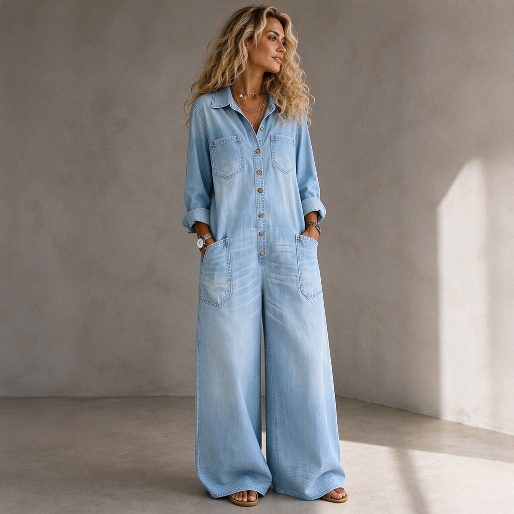 ✨Beperkte voorraad beschikbaar, mis het niet!🔥🔥Vintage Denimen Jumpsuit met Kraag voor Dames
