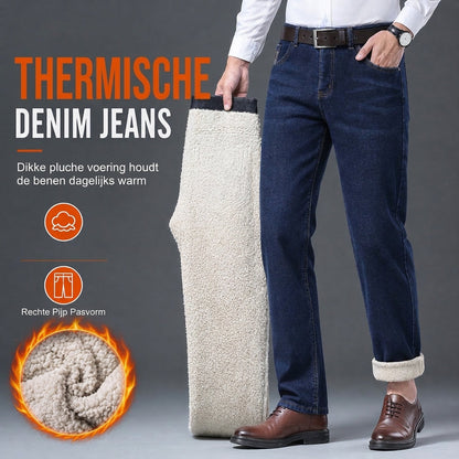 🔥Populair product ！✨Heren Winter Warm Gevoerde Jeans Los RechterPijlen Casual Denim Broek