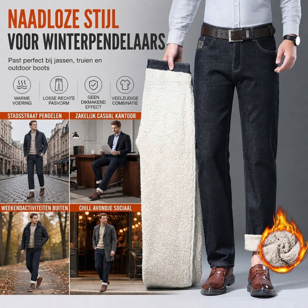 🔥Populair product ！✨Heren Winter Warm Gevoerde Jeans Los RechterPijlen Casual Denim Broek