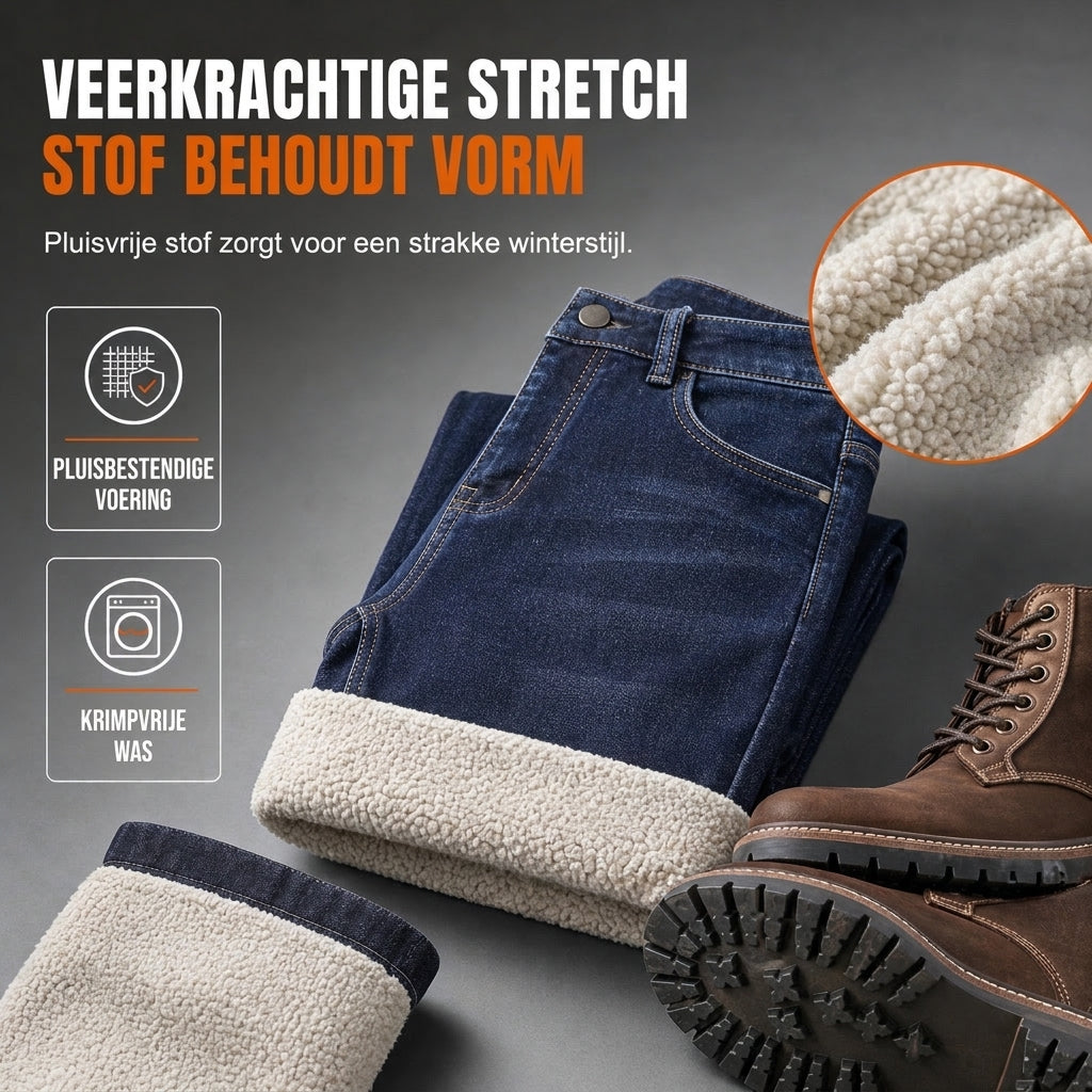 🔥Populair product ！✨Heren Winter Warm Gevoerde Jeans Los RechterPijlen Casual Denim Broek