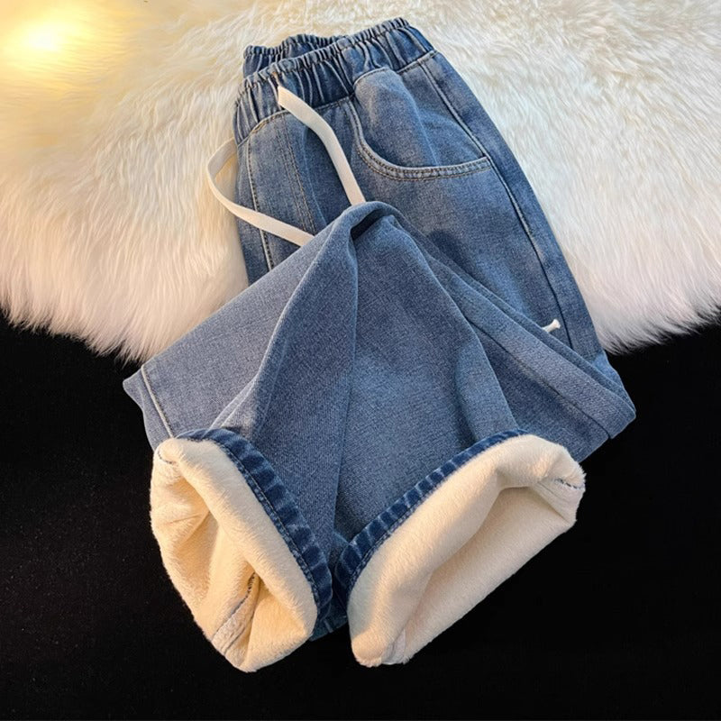 😍Koop meer, bespaar meer!🌸Dames warm gevoerde straight leg denim jeans