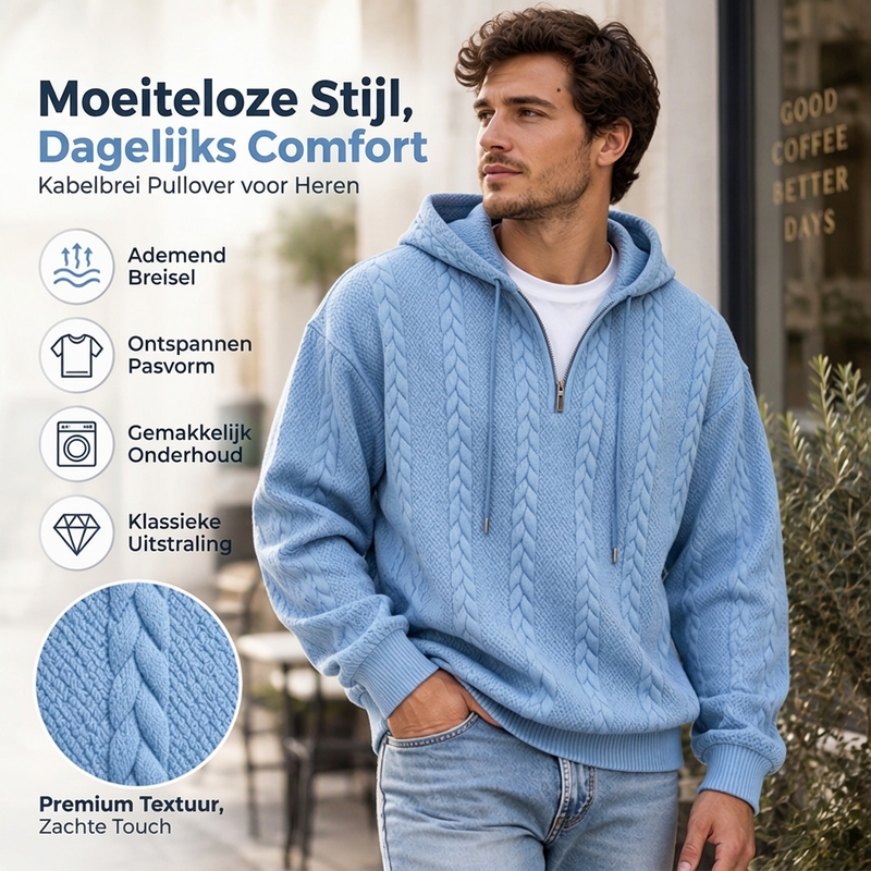 😍Koop meer, bespaar meer!🌸Gebreid kabeltrui met halve rits en capuchon voor heren