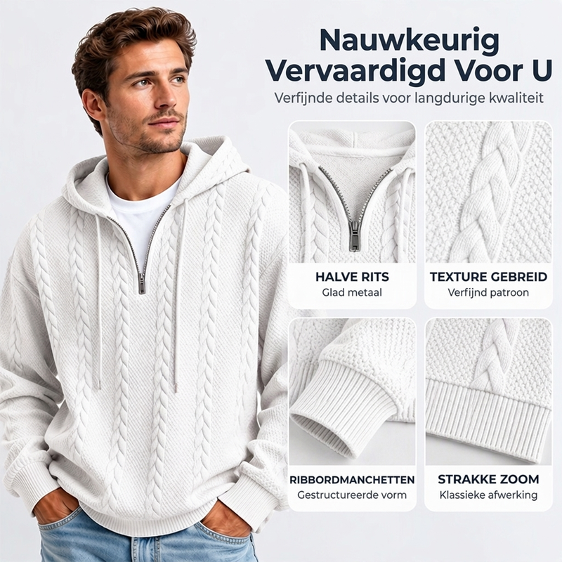 😍Koop meer, bespaar meer!🌸Gebreid kabeltrui met halve rits en capuchon voor heren