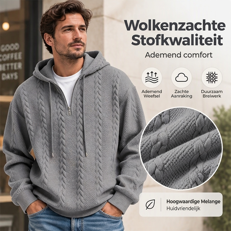 😍Koop meer, bespaar meer!🌸Gebreid kabeltrui met halve rits en capuchon voor heren