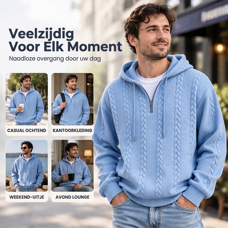 😍Koop meer, bespaar meer!🌸Gebreid kabeltrui met halve rits en capuchon voor heren