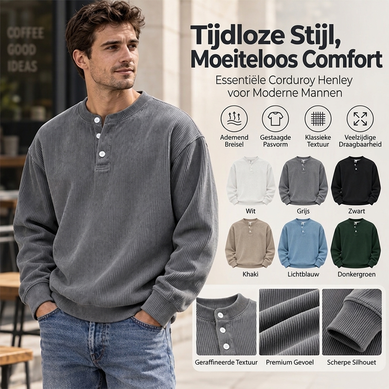 🤩 Haal het vandaag nog voordat het uitverkocht is!👇🎁Casual Corduroy Henley-shirt met Lange Mouwen voor Heren
