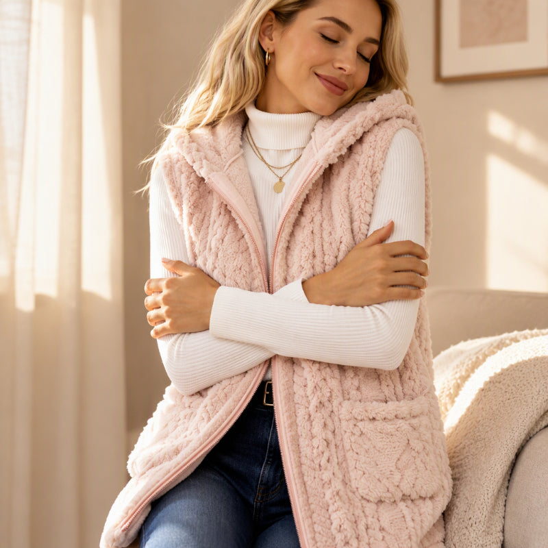 💋Geniet van een 30-daags probleemloos retourbeleid!✅️Dames gezellige dubbelzijdige fuzzy hooded vest