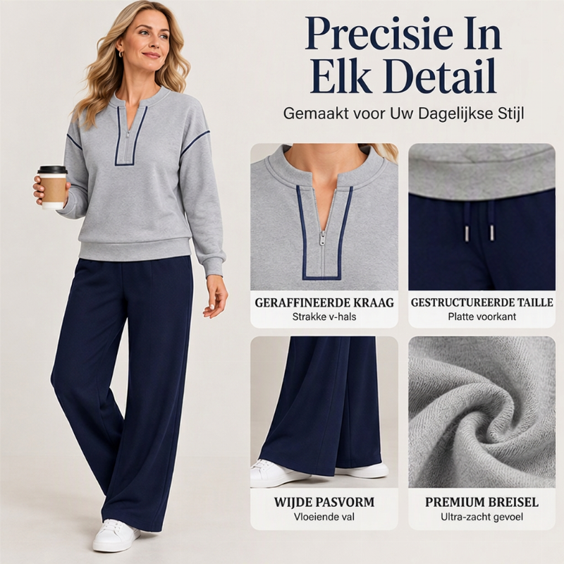 🚀Bespaar nu tijd & geld!😍Elegante Tweedelige Dames Lounge Set met Halve Rits en Wijde Pantalon