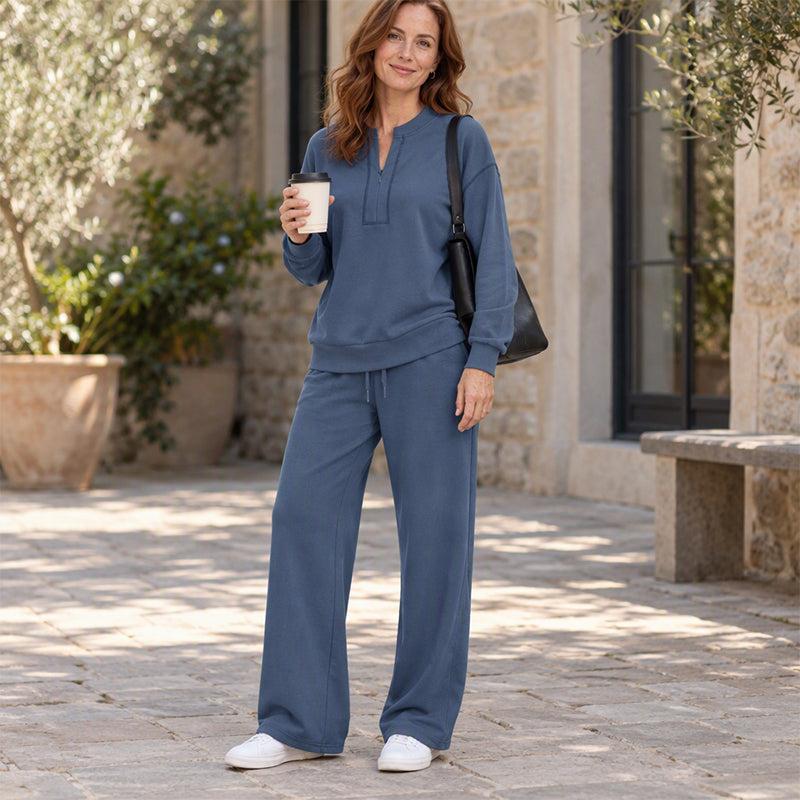 🚀Bespaar nu tijd & geld!😍Elegante Tweedelige Dames Lounge Set met Halve Rits en Wijde Pantalon