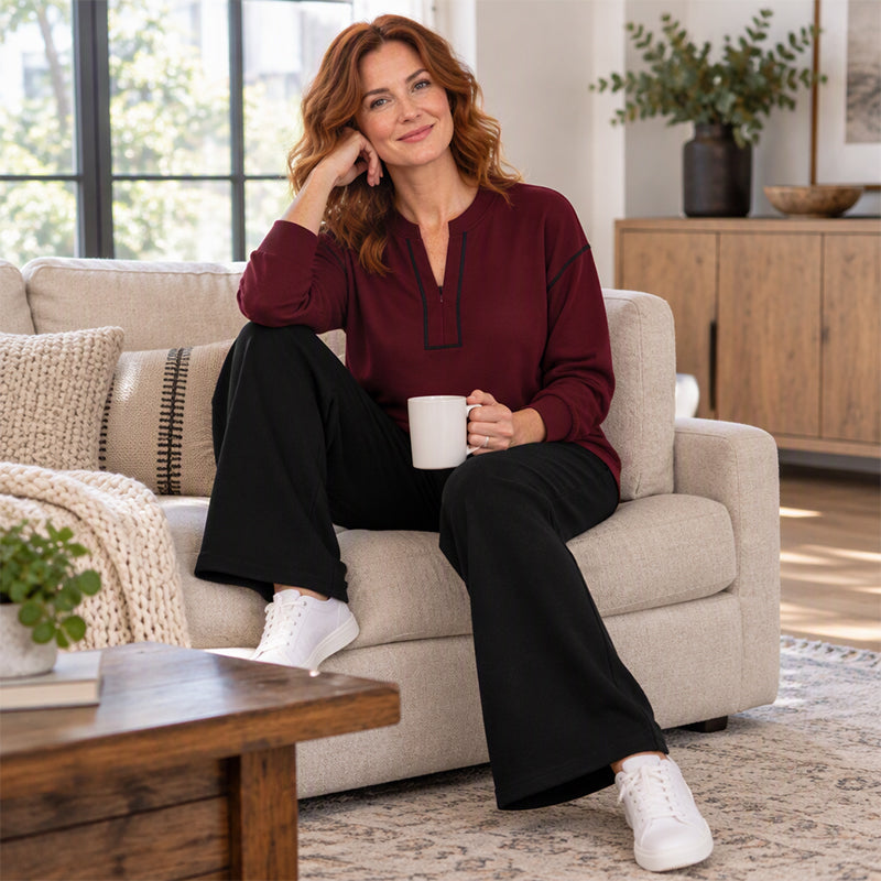 🚀Bespaar nu tijd & geld!😍Elegante Tweedelige Dames Lounge Set met Halve Rits en Wijde Pantalon