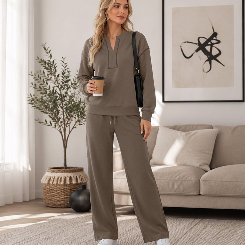 🚀Bespaar nu tijd & geld!😍Elegante Tweedelige Dames Lounge Set met Halve Rits en Wijde Pantalon
